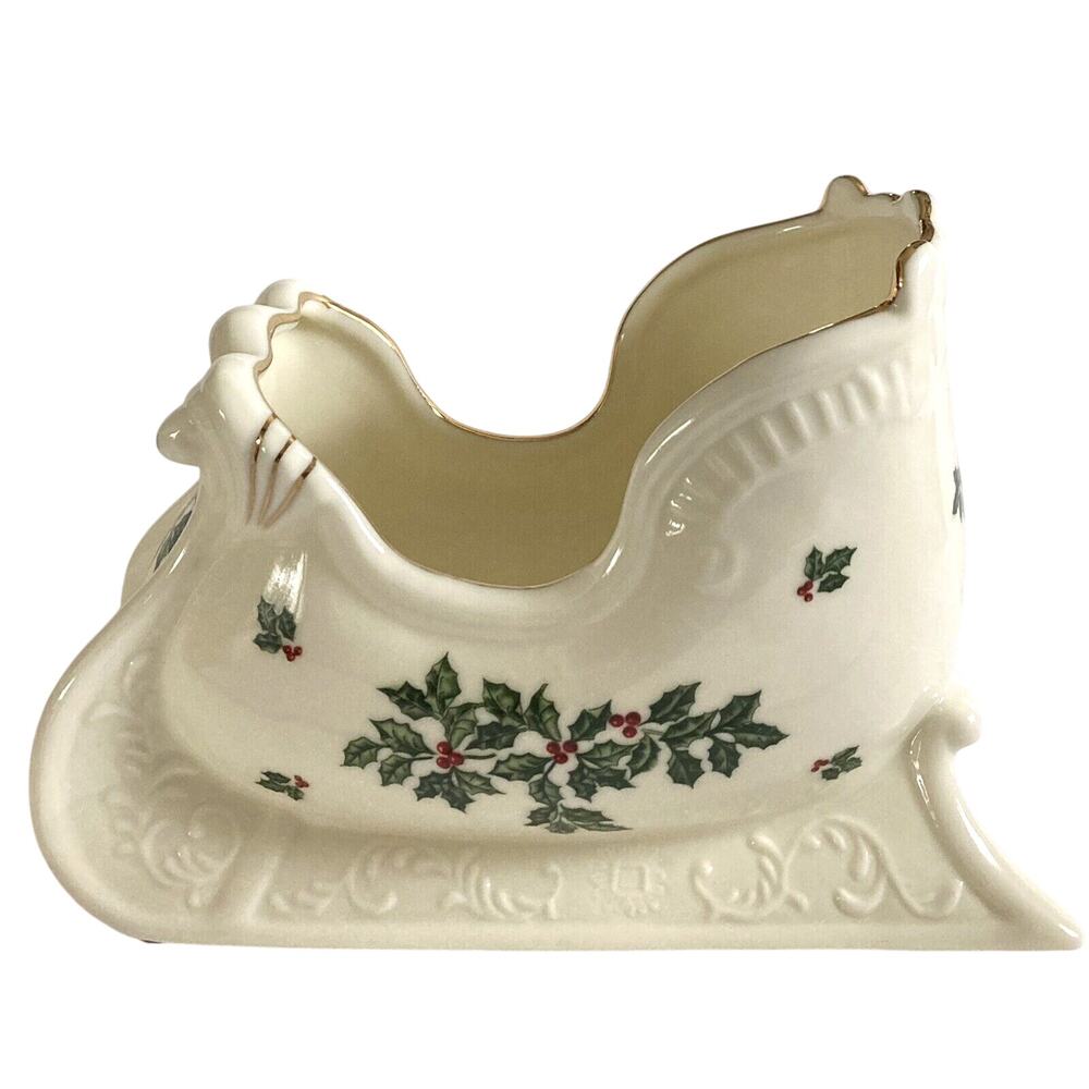 Baum Bros. Formalities Decorative Christmas Sleigh Ivory Color Gold Trim Holly